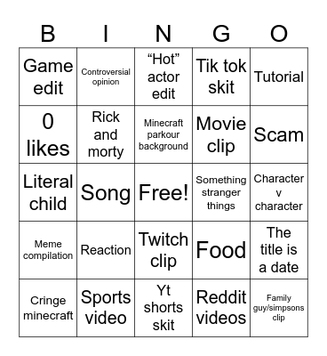 YouTube shorts Bingo Card