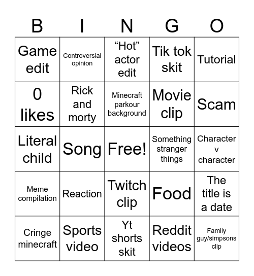 YouTube shorts Bingo Card