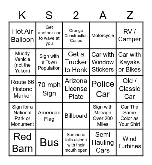 Beesley Trip Bingo Card