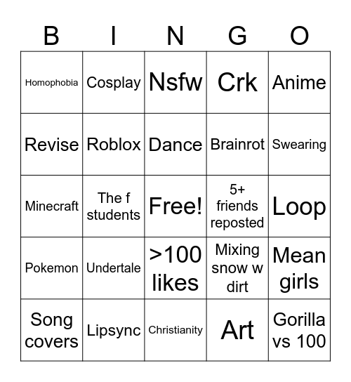Tiktok Bingo Card
