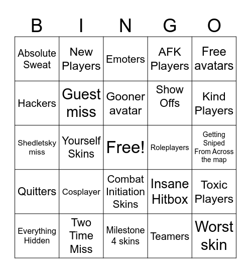 Forsaken Bingo Card