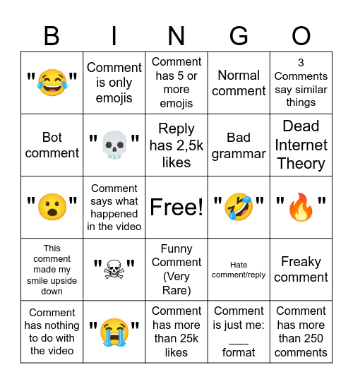 Comment Section Bingo Card