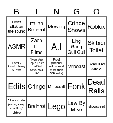 Youtube Shorts Bingo Card