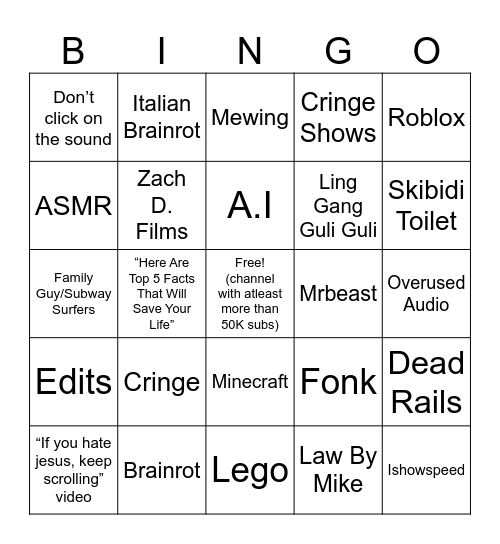 Youtube Shorts Bingo Card