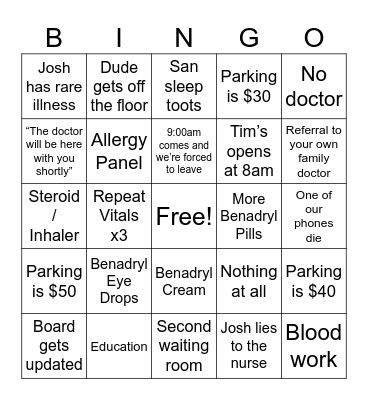 Josh Goes to the Hospital Bingo Card