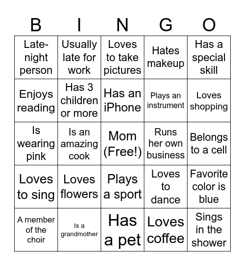 Mother's Day Bingo Card