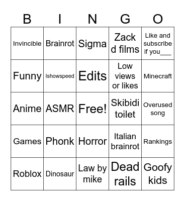 YouTube shorts bingo Card