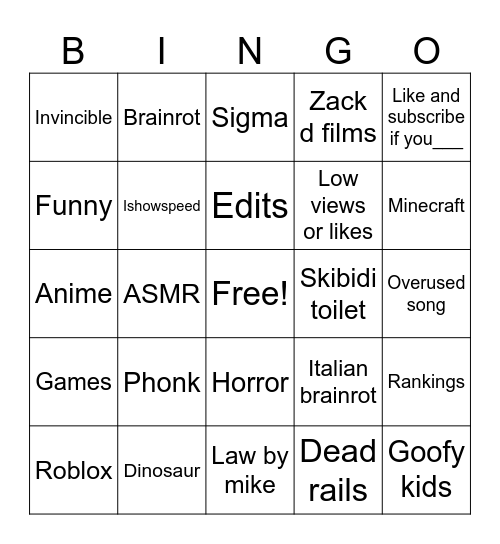 YouTube shorts bingo Card