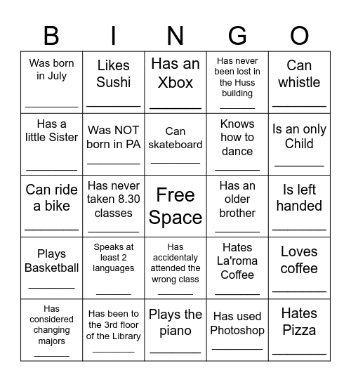 Peer Tutoring Program BINGO Card
