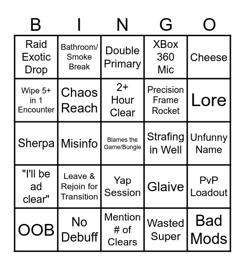 LFG Bingo Card