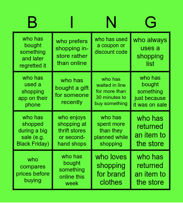 Going Shopping Bingo Card