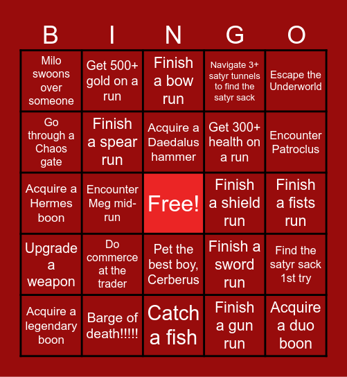 Hades Bingo with Milo Bingo Card
