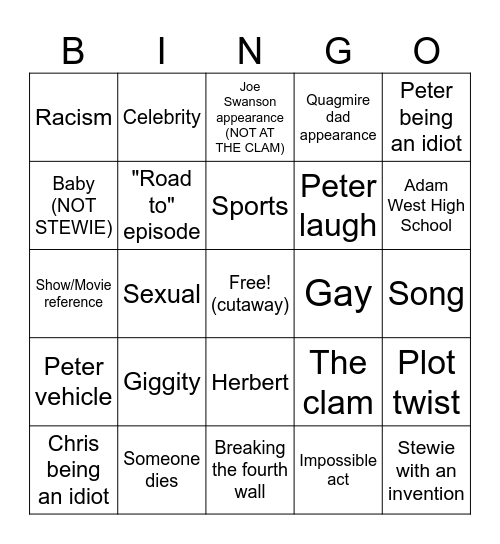 Family Guy Bingo Card