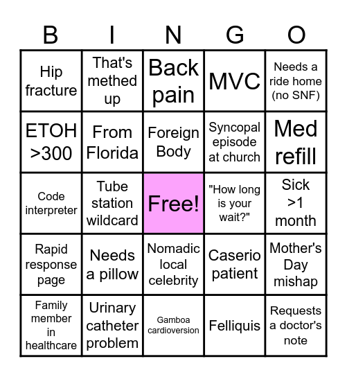 Sunday Funday ED Bingo Card