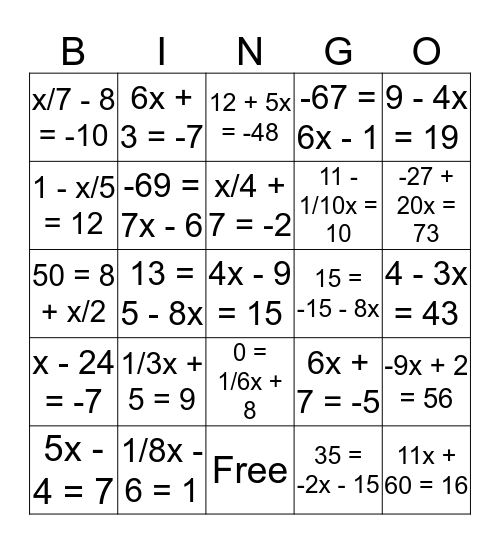 2 Step Equations Bingo Card