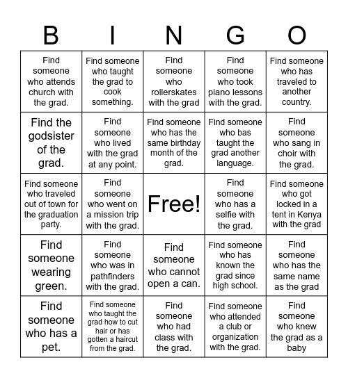 Grad Bingo Card