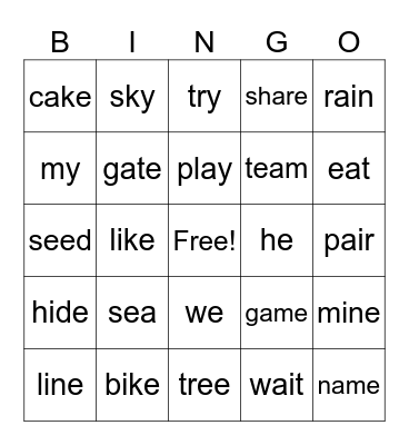 Long I, E, A Bingo Card