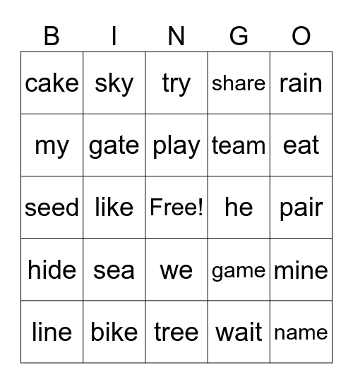 Long I, E, A Bingo Card