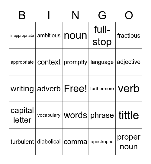 Word of the Week Bingo Card