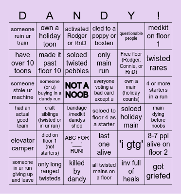 Dandy's World Bingo Card