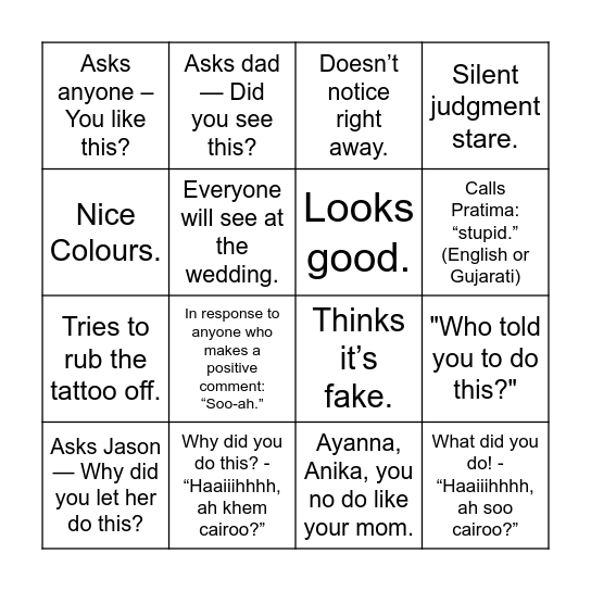 Nani's Tattoo Bingo Card