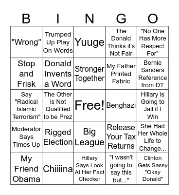 Kaylie Guderian 2016 Debate Bingo Card