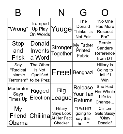 Kaylie Guderian 2016 Debate Bingo Card