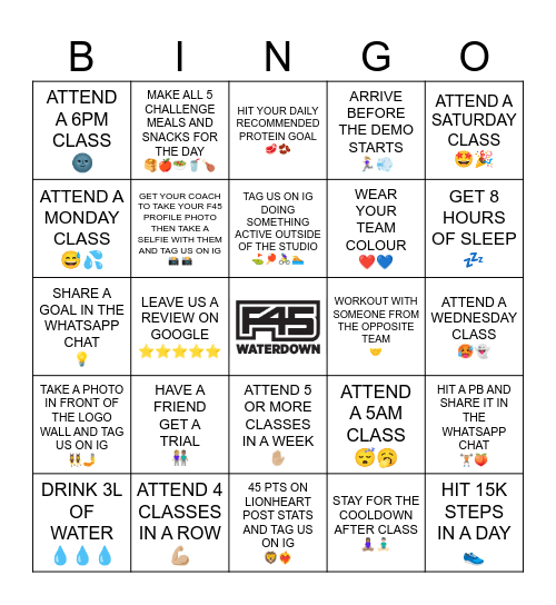 F45 CHALLENGE 48 Bingo Card