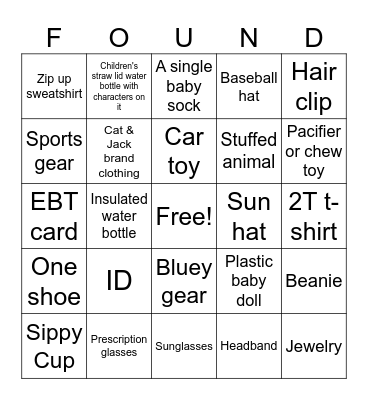 LOST ITEMS Bingo Card
