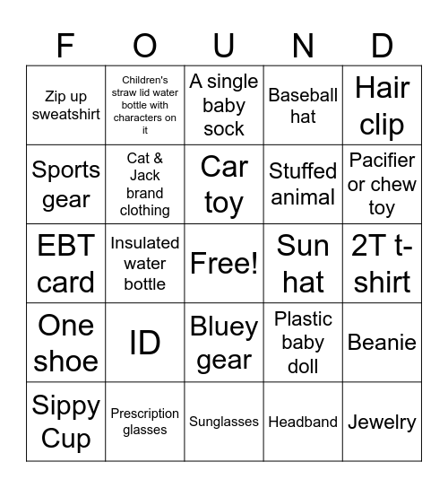 LOST ITEMS Bingo Card