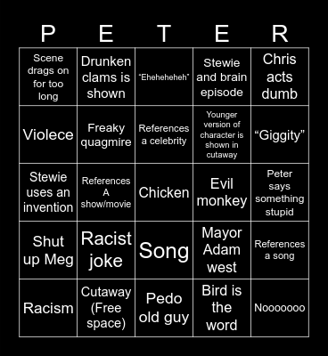 Family guy Bingo Card