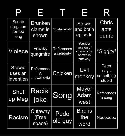 Family guy Bingo Card
