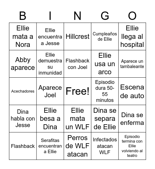 The Last Of Us Season 2 Episode 5 Bingo Card