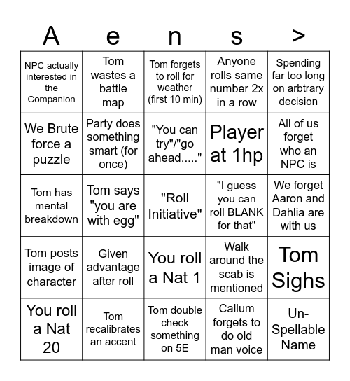 Avernus DnD Bingo Card
