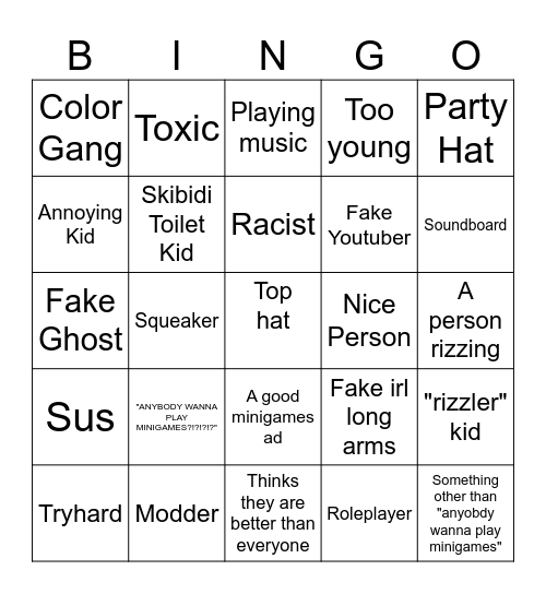 Gorilla Tag Bingo Card