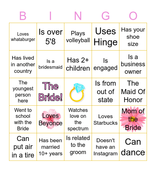 Brianna's Bridal Selfie Bingo Card