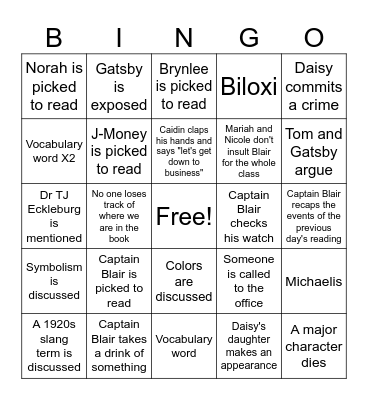 Gatsby: Chapter 7 Bingo Card