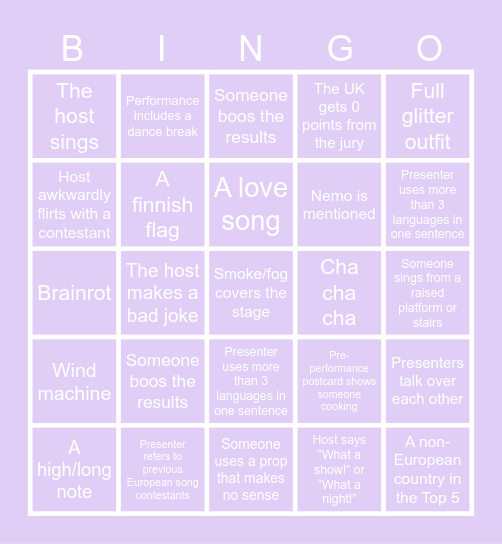 ⋆｡°✩ EUROVISION BINGO ⋆｡°✩ Bingo Card