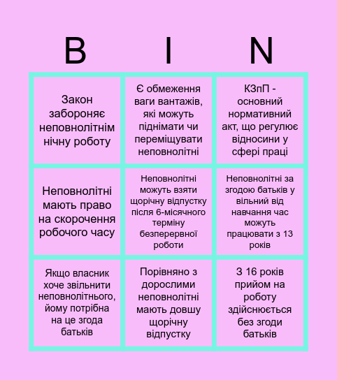 Праця неповнолітніх Bingo Card