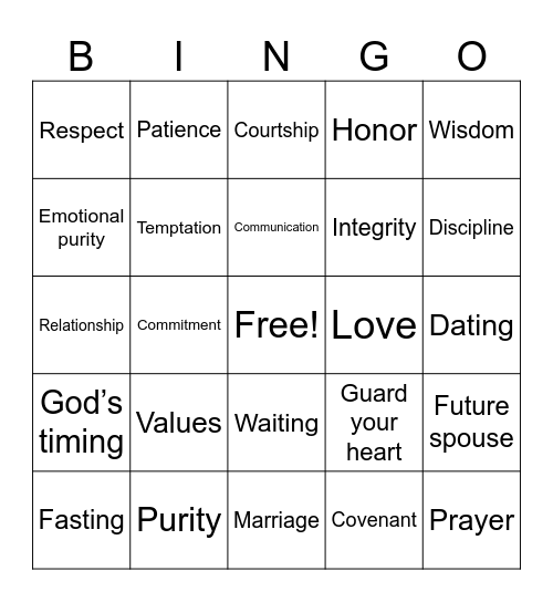 Abstinence Bingo Card