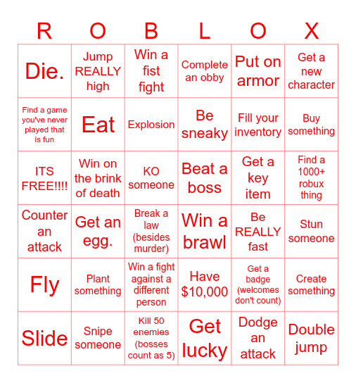 Roblox bingo Card