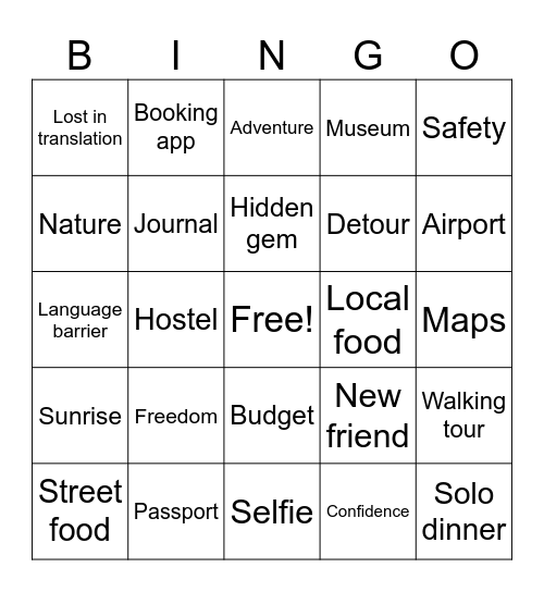 Solo Traveler Bingo Card