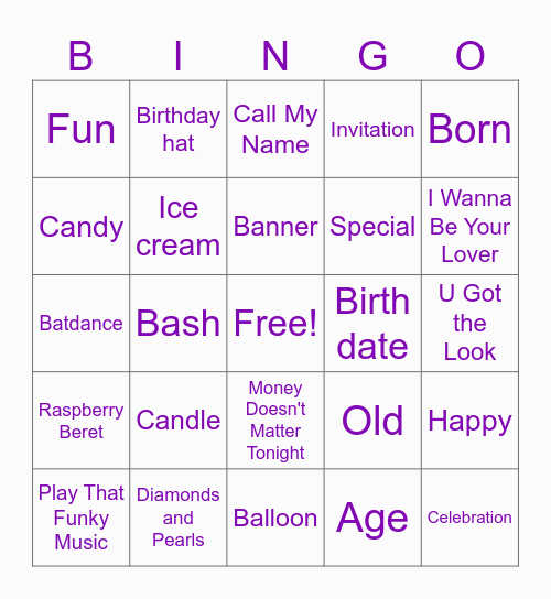 💜 PRINCE 💜 Bingo Card