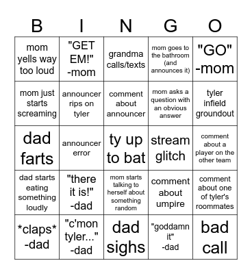 Ty Baseball Bingo Card
