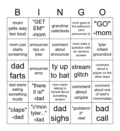 Ty Baseball Bingo Card