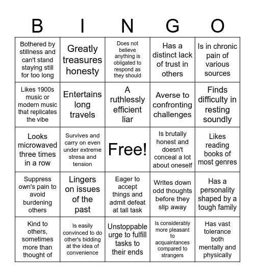 Benjamin's Psyche Bingo Card