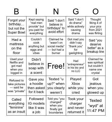 Red Flag Bingo – My Ex Was the Problem Edition Bingo Card