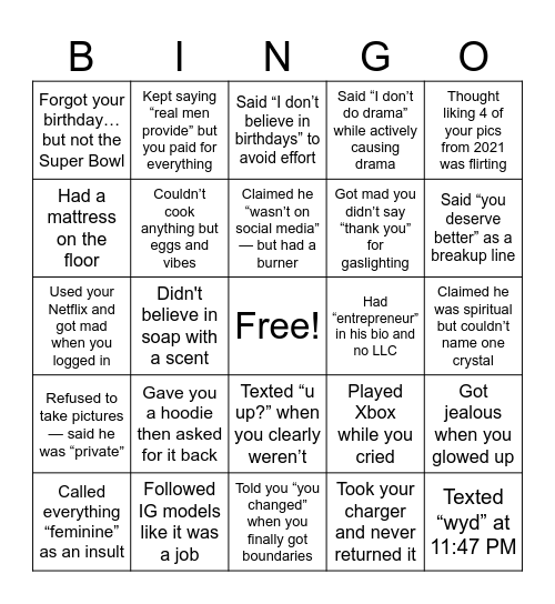 Red Flag Bingo – My Ex Was the Problem Edition Bingo Card