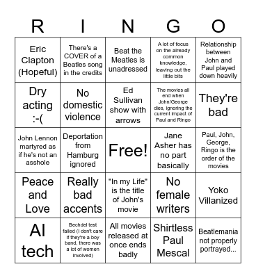 Beatles Biopic Bingo Card