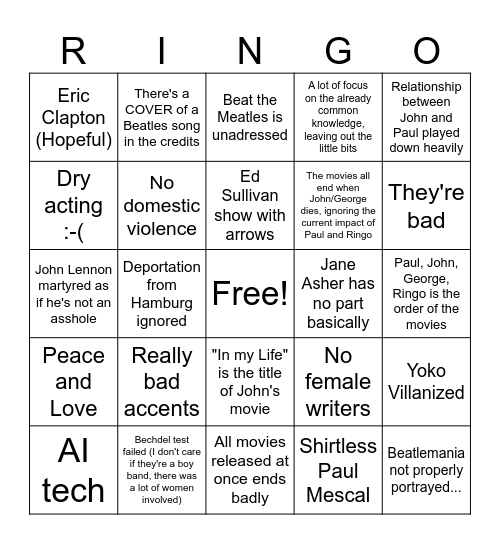 Beatles Biopic Bingo Card
